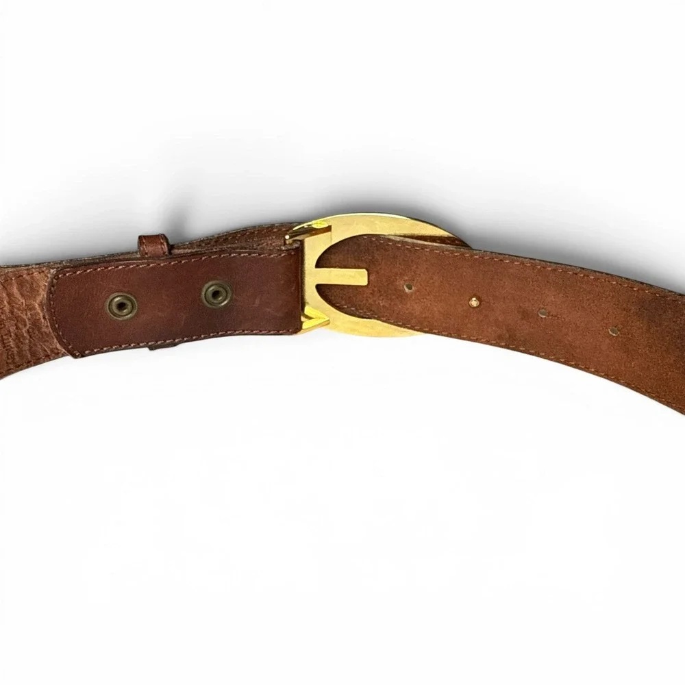Guess Genuine Leather Belt Small‎ Brown Large Gold Buckle Adjustable Logo Y2K